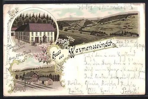 Lithographie Warmensteinach, Trassel`s Hotel und Restaurant, Bahnhof