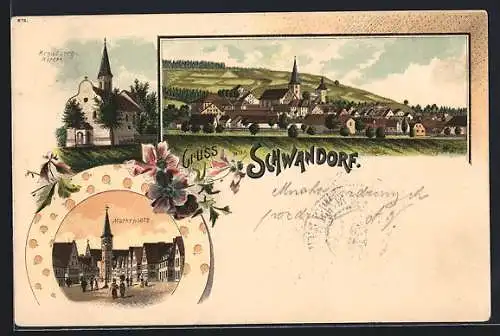 Lithographie Schwandorf / Naab, Kreuzberg-Kirche, Marktplatz, Ortsansicht