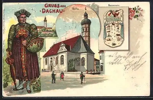 Lithographie Dachau, Kirche, Sonnenuhr, Frau in Tracht