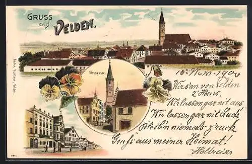 Lithographie Velden / Vils, Kirchgasse, Strassenpartie, Ortspanorama