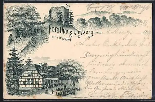 Lithographie Pr. Oldendorf, Gaststätte Forsthaus Limberg mit Garten, Turm mit Umgebung