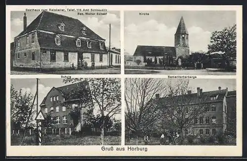 AK Horburg / Halle, Gasthaus zum Ratskeller, Bes. W. Schaaf, Kirche, Schule, Samariterherberge