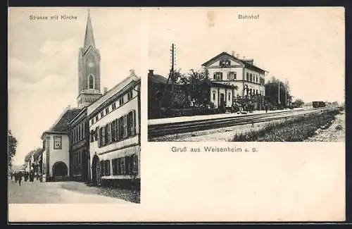 AK Weisenheim a. S., Bahnhof, Strasse mit Kirche