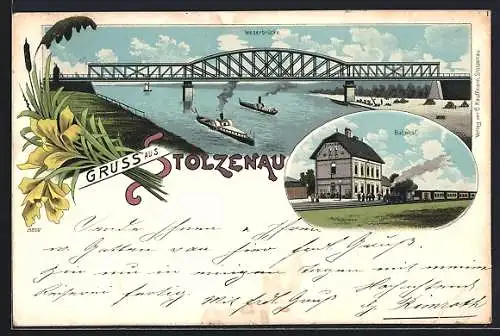 Lithographie Stolzenau, Bahnhof und Weserbrücke mit Umgebung