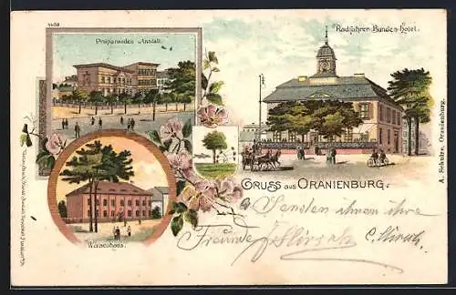 Lithographie Oranienburg, Radfahrer-Bundes-Hotel, Präparanden-Anstalt, Waisenhaus
