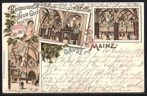 Lithographie Mainz, Restaurant Heilig Geist, Innenansicht