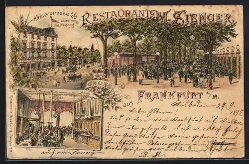 Vorläufer-Lithographie Frankfurt, 1895, Gasthaus v. M. Stenger mit Gartenlokal, Kaiserstrasse 29, Aussen- u. Innenansicht,