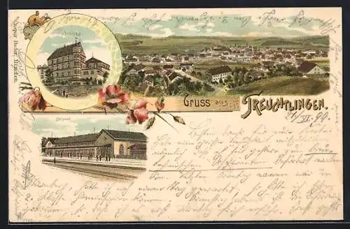 Lithographie Treuchtlingen, Gesamtansicht aus der Vogelschau, Bahnhof, Schloss