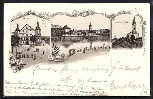 Lithographie Burglengenfeld, Ortsansicht mit Rathaus und Kreuzberg-Kirche