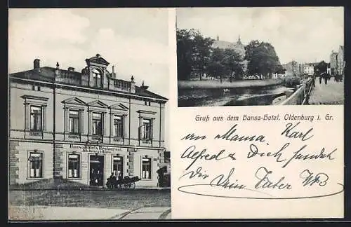 AK Oldenburg i. Gr., Hansa-Hotel-Restaurant J. H. Hilgen, Strassenpartie am Wasser