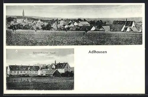 AK Adlhausen, Schloss-Brauerei Kraus, Ortsansicht mit Kirche