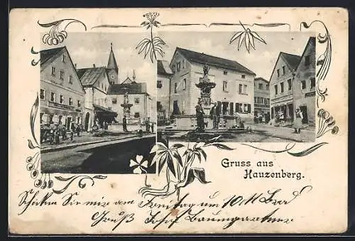 AK Hauzenberg / Niederbayern, Ortspartien mit Kirchturm und Zierbrunnen