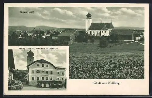 AK Kellberg / Passau, Gasthaus und Bäckerei Georg Schwarz, Totalansicht mit Kirche