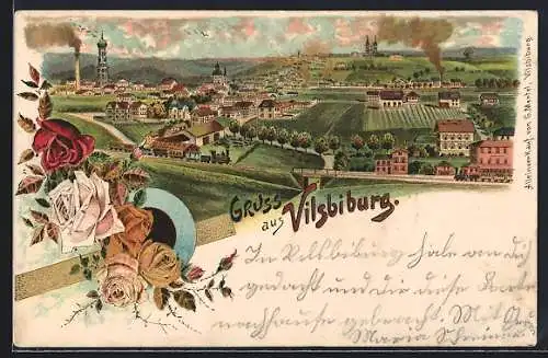 Lithographie Vilsbiburg, Panoramablick auf die Ortschaft