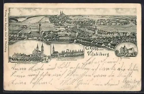 Lithographie Vilsbiburg, Kloster und Wallfahrtskirche Mariahilf, Kirche am gräflichen Schloss Seiboltsdorf