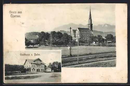 AK Übersee, Gasthaus zur Bahn, Kirche