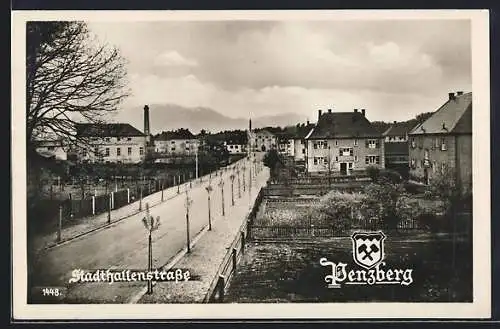AK Penzberg, Stadthallenstrassse mit Bäumen