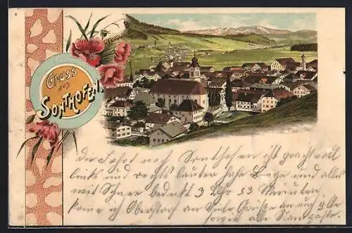 Lithographie Sonthofen, Ortsansicht mit Blick ins Land