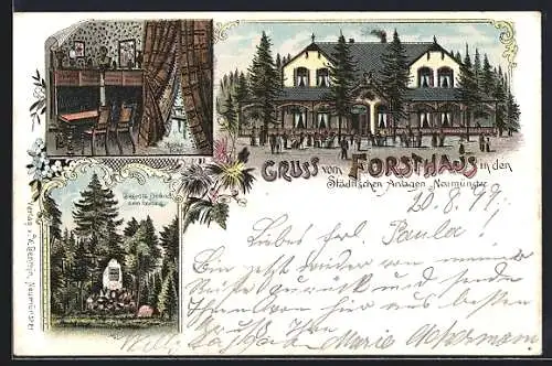 Lithographie Neumünster, Gasthaus Forsthaus in den Städtischen Anlagen, Geerdts Denkmal