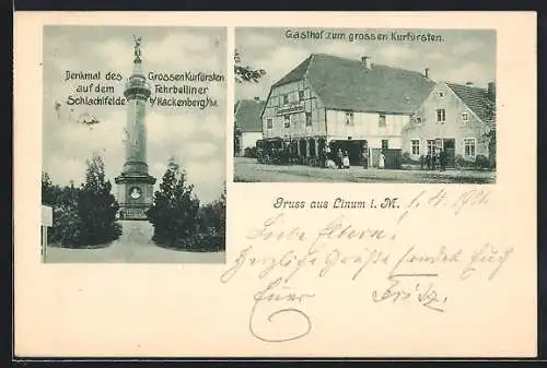 AK Linum i. M., Gasthof zum grossen Kurfürsten, Denkmal des Grossen Kurfürsten a. d. Fehrbelliner Schlachtfelde