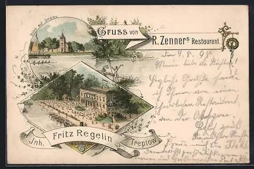 Lithographie Berlin-Treptow, R. Zenners Restaurant aus der Vogelschau