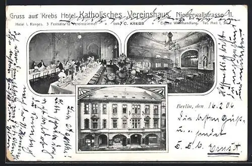 AK Berlin, Krebs Hotel Katholisches Vereinshaus, Niederwallstrasse 11