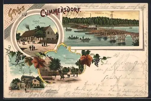 Lithographie Cummersdorf / Mellensee, Gasthof von P. Düring, Bahnhof, Schumka-See