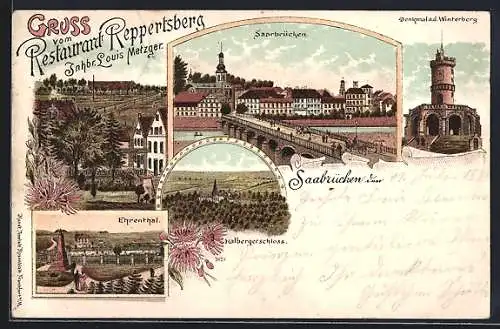 Lithographie Saarbrücken, Ortsansicht, Denkmal a. d. Winterberg, Ehrenthal und Halbergerschloss