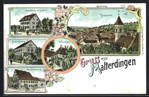 Lithographie Malterdingen, Handlung von A. Müller, Untere Schule, Haus Breithaupt, Pfarrhaus, Gesamtansicht