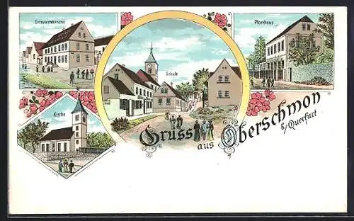 Lithographie Oberschmon b. Querfurt, Pfarrhaus, Ortsvorsteheramt, Schule