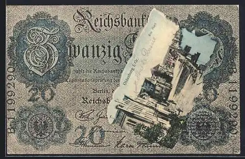 AK Oldenburg i. Gr., Am Stau, Ansicht auf Reichsbanknote