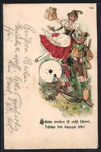 Vorläufer-Lithographie Schütze werden ist nicht schwer..., 1890, Schützen mit hübscher Schankmaid und Zielscheibe