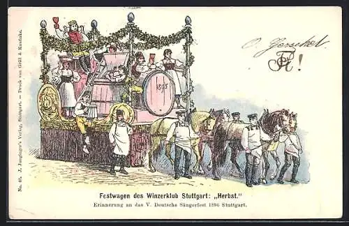 Lithographie Stuttgart, Deutsches Sängerfest 1896, Festwagen des Winzerklub Herbst