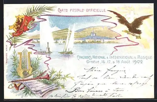 Künstler-AK Geneve, Concours National & International de Musique 1902, Segelboot, Adler & Wappen