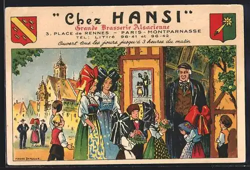 Künstler-AK Hansi: Paris-Montparnasse, Grande Brasserie Alsacienne Chez Hansi, place de Rennes 3, Wappen