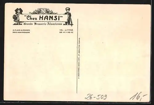 Künstler-AK Hansi: Paris-Montparnasse, Grande Brasserie Alsacienne Chez Hansi, place de Rennes 3, Wappen