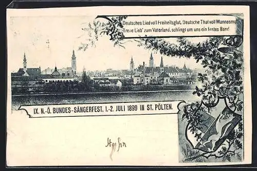 AK St. Pölten, Bundes-Sängerfest 01.-02.07.1899, Ortspanorama, Wappen