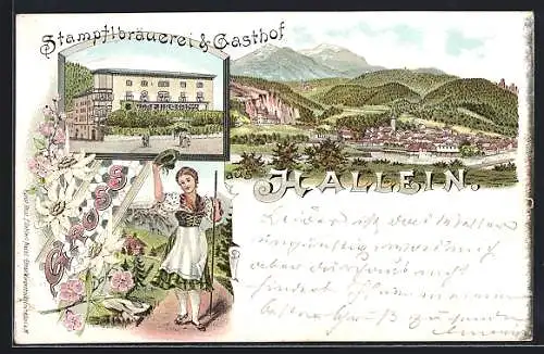 Lithographie Hallein, Stampflbrauerei und Gasthof, Gesamtansicht