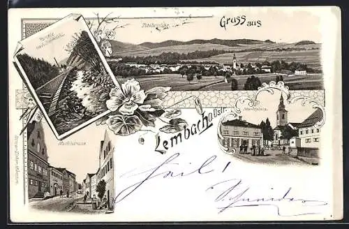 Lithographie Lembach /O. Östr., Marktplatz und -strasse, Partie nach Obermühl, Gesamtansicht