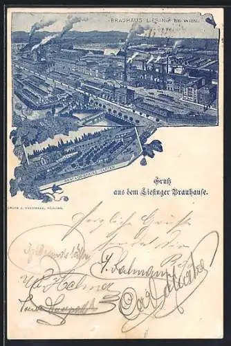 Lithograpie Wien, Liesinger Brauhaus mit Restaurant-Garten