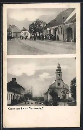 AK Unter Markersdorf, Gasthaus Tontner, Strassenpartie an der Kirche