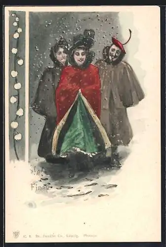 Künstler-Lithographie Zwei Damen und ein Herr in Winterkleidung im Schnee