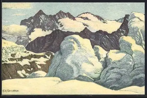 Künstler-Lithographie Ernst E.Schlatter: Wetterhornkette vom Eismeer aus