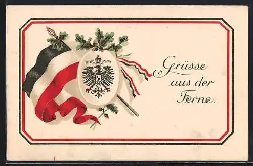 Lithographie Deutsche Nationalflagge u. Reichswappen mit Eichenlaub, Grüsse aus der Ferne