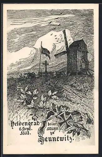 Künstler-AK Sennewitz, Heldengrab mit Eisernem Kreuz an der Mühle, 1813