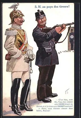 Künstler-AK S. M. Wilhelm II. Garde du Corps, au pays des tireurs!