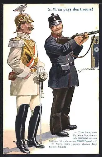 Künstler-AK S. M. au pays des tireurs!, Kaiser Wilhelm II.