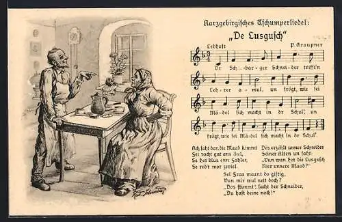 Künstler-AK Rudolf Schneider: De Lusgusch, Bauernfamilie am Tisch, Lied