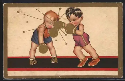 Künstler-AK Zwei Jungen beim Boxen