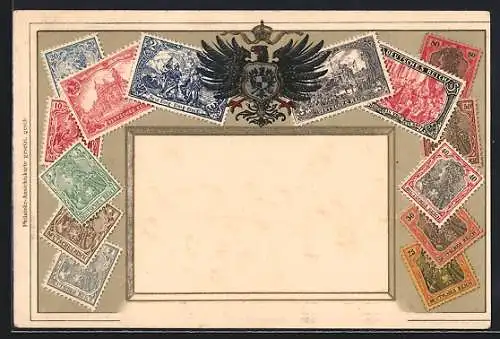 AK Deutsches Reich, Adler mit Wappen und Briefmarken